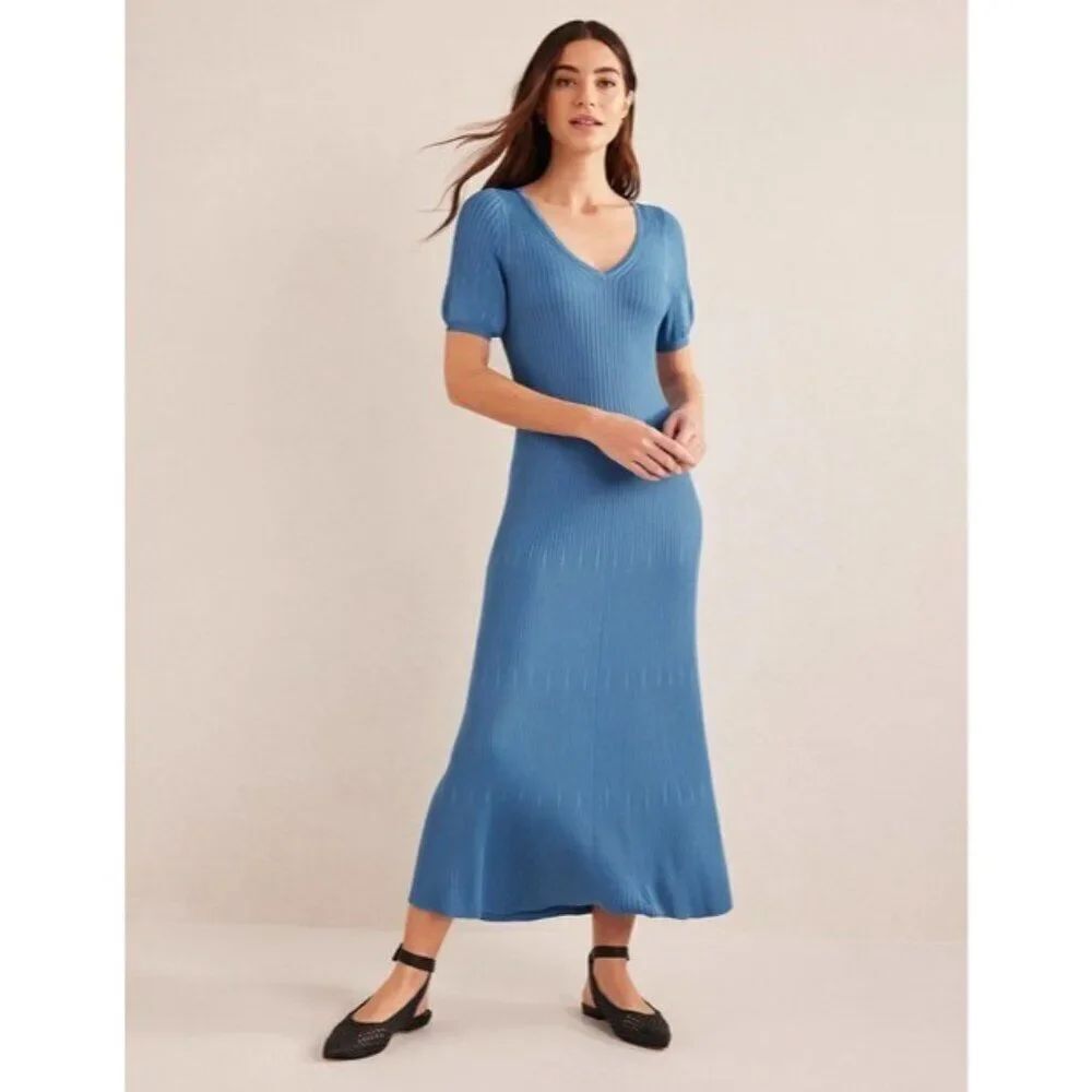Boden Womens Maxi Dress Blue UK 16 US 12 V Neck Puff Sleeve Stretch D0573 NWT